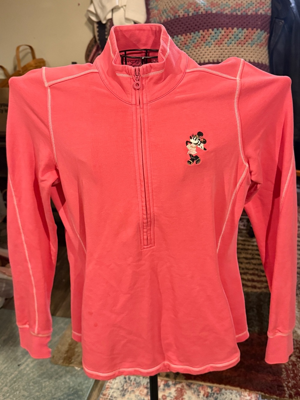 Tommy Hilfiger Coral Pink Half-Zip Turtleneck Sweater with Minnie Patch